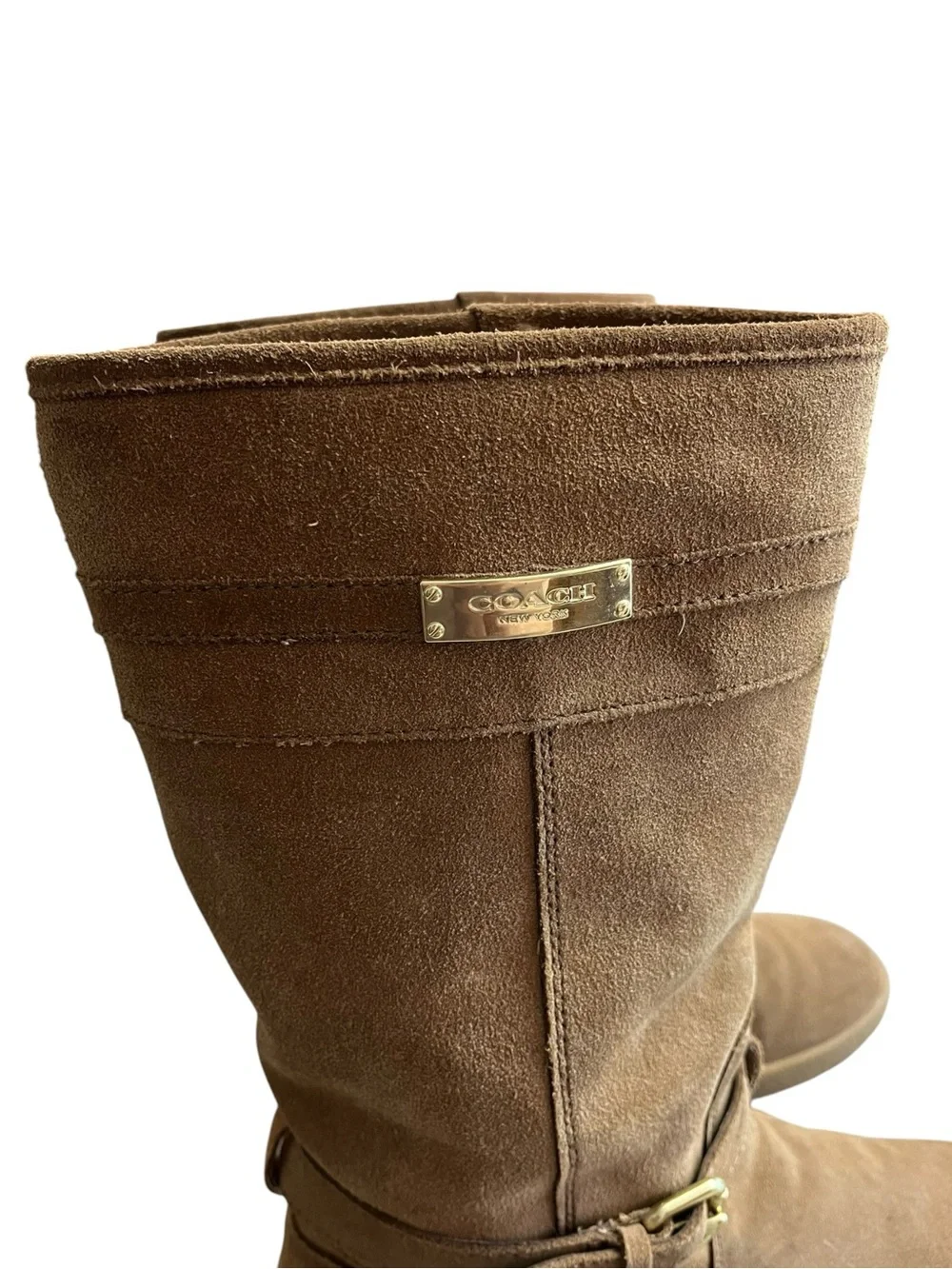 Coach Tallulah Boots Women’s 7 B Brown Suede Shearling Mid Calf Buckle Gold Logo